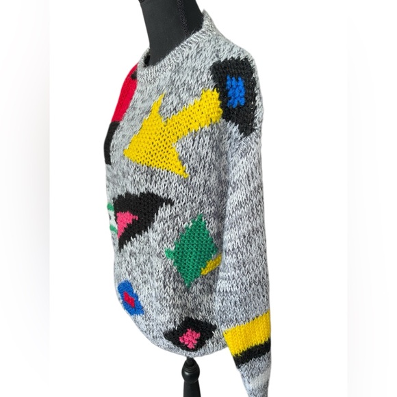 VINTAGE 80s funky geometric multicolor‎ hand knit L - Picture 5 of 6